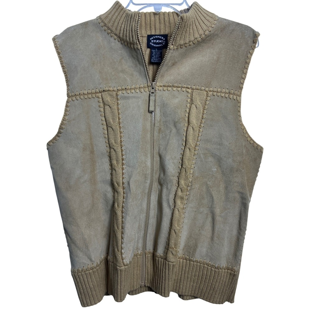 Designers Studio Originals Suede Knit Vest Beige Tan Full Zip Cable Knit Trim L‎